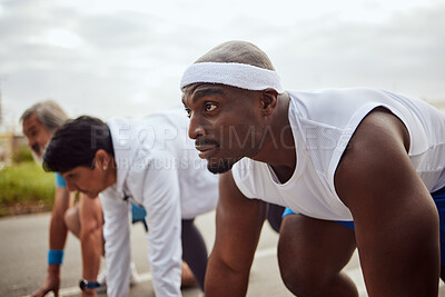 Buy stock photo Runner, fitness or black man ready to start running exercise, cardio workout or sports exercise. Focus, wellness or healthy African male athlete thinking of mission target, vision or running goals