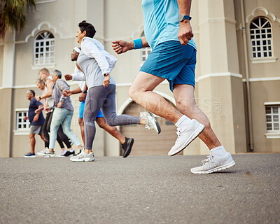 Buy stock photo Fitness, senior or people running in a marathon race or cardio exercise challenge on city street road for wellness. Sports community, workout or healthy elderly runners training as a retirement group