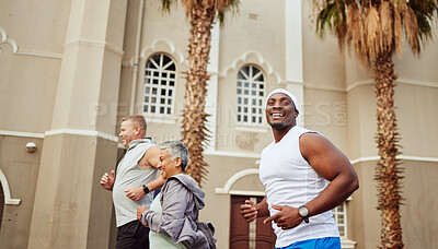Buy stock photo City, fitness or people running in a marathon race, sports exercise or cardio workout outdoors. Motivation, healthy runners or happy black man training with senior woman for targets or body goals