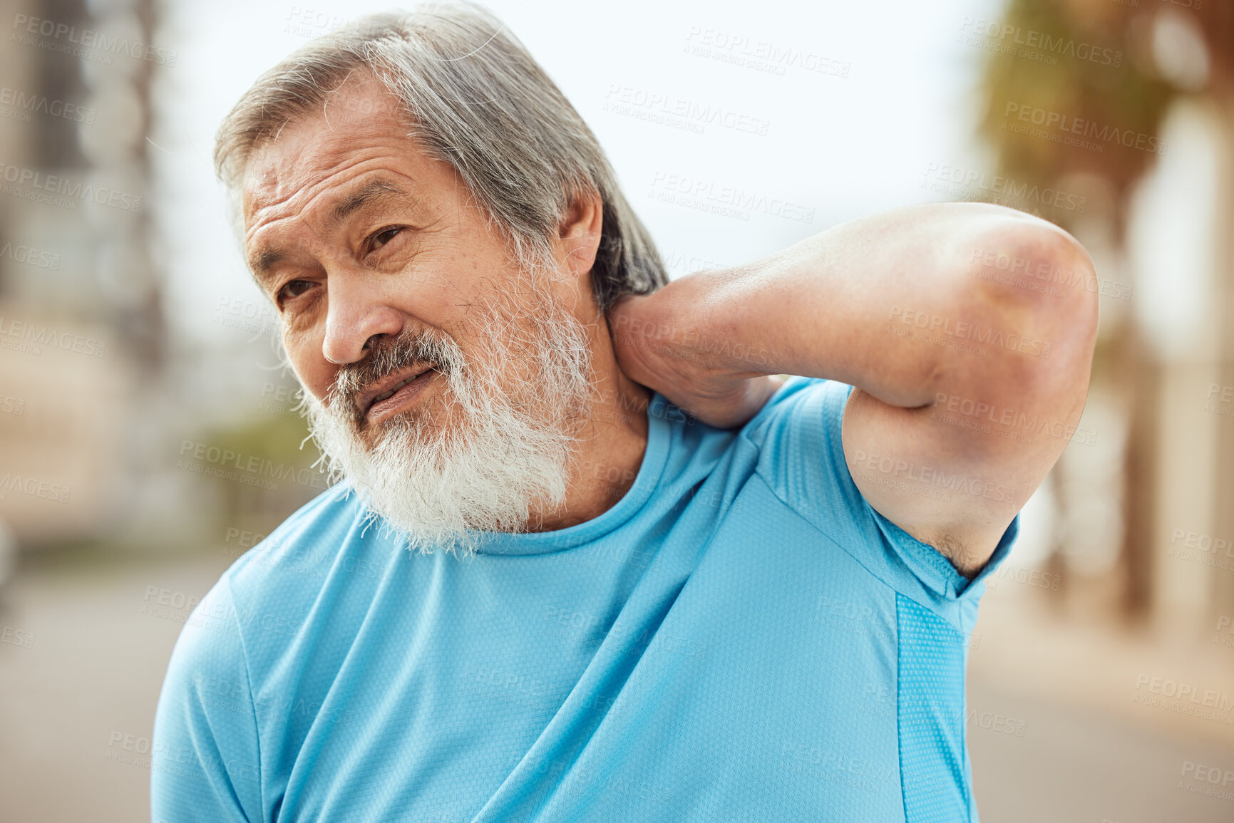 Buy stock photo Senior man, face and fitness back pain fitness outdoor for exercise workout injury, training accident or retirement healthcare. Elderly asian athlete, runner stress and sports energy in city street