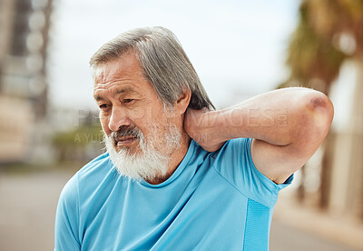 Buy stock photo Senior asian man, fitness and back pain outdoor for exercise workout injury, training accident or retirement healthcare. Elderly athlete, runner stress and sports muscle pain emergency in city street