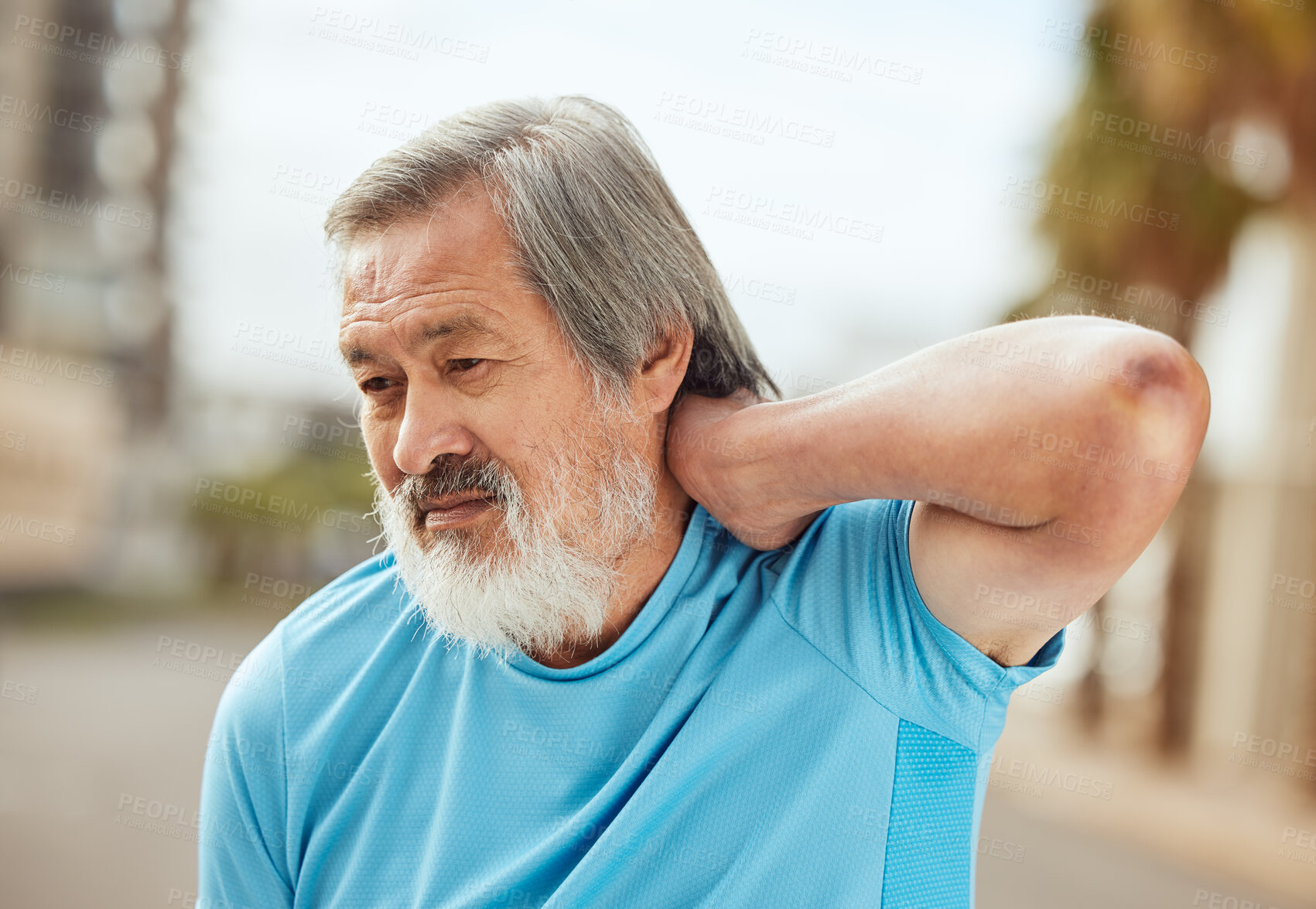 Buy stock photo Senior asian man, fitness and back pain outdoor for exercise workout injury, training accident or retirement healthcare. Elderly athlete, runner stress and sports muscle pain emergency in city street