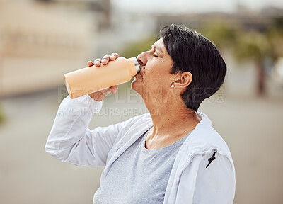 Buy stock photo Fitness, runner or old woman drinking water with sports goals resting or relaxing on break. Healthy, tired or thirsty elderly person drinks natural liquid in cardio workout, training or body exercise