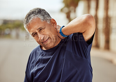Buy stock photo Senior, neck pain and sports man with elderly training injury from sports, running and exercise. Wellness, medical and sport performance accident problem from an outdoor run with person in retirement