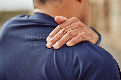 Buy stock photo Fitness, back pain and man with hand on shoulder muscle for support, massage and relief during exercise or workout. Health, sports training and wellness and painful sports injury with hands on back.