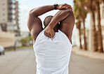Back, black man and stretching in city, exercise and workout for wellness, health and cardio. African American male, healthy athlete and arms stretch for training, marathon and fitness for body care