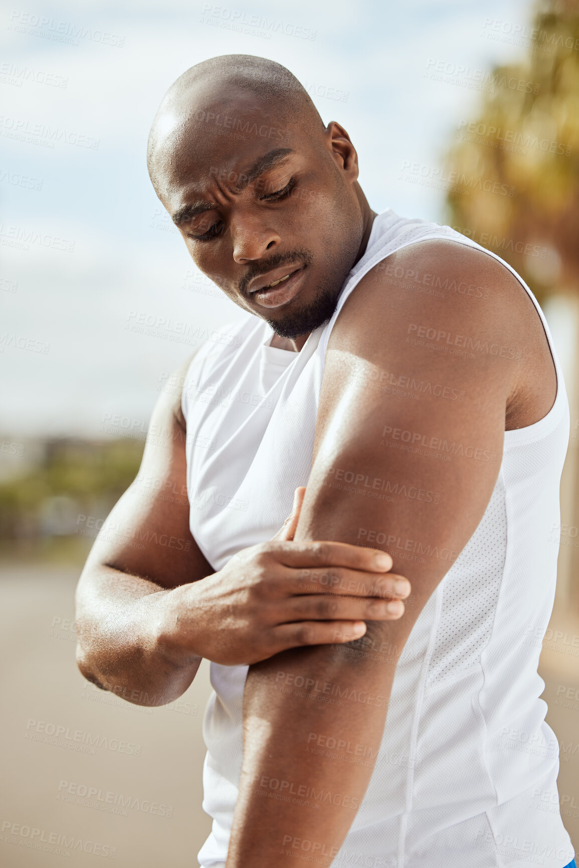 Buy stock photo Fitness, arm pain and black man with workout, exercise or runner in health, wellness and muscle risk with strong, challenge or problem training. Sports injury, pain and athlete with medical emergency