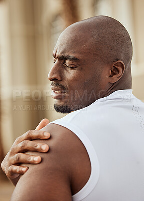 Buy stock photo Black man, shoulder pain and runner fitness emergency, training workout accident and runner wellness. African athlete man, face and arm injury for sports run, cardio exercise and hurt muscle tension