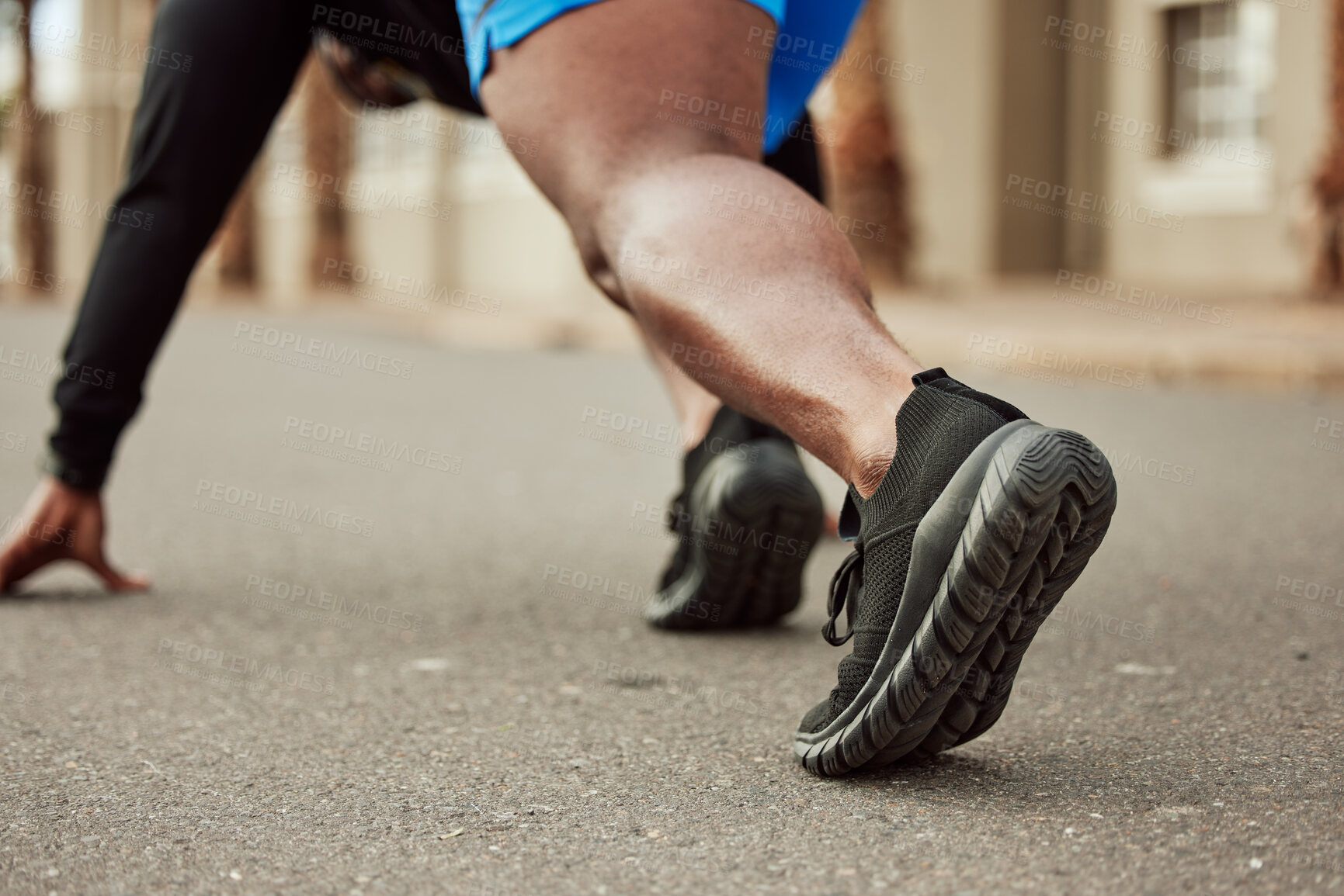 Buy stock photo Runner, fitness or black man ready to start running exercise, cardio sprinting workout or sports training on city road. Back view, focus or healthy African athlete with mission, mindset or body goals