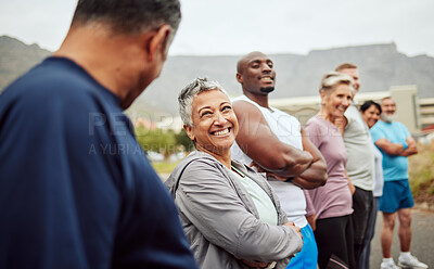 Buy stock photo Happy, fitness or senior friends start running exercise, cardio workout or sports training outdoors. Team building, funny runners or healthy mature people with body goals talking, bonding or laughing