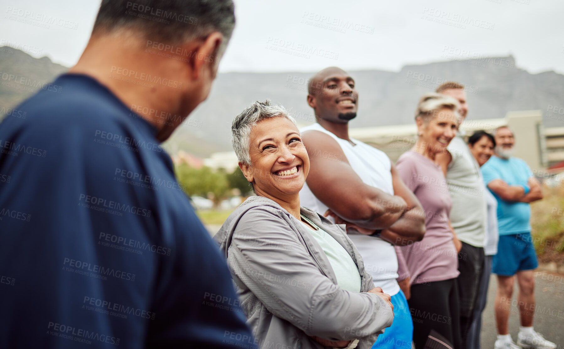 Buy stock photo Happy, fitness or senior friends start running exercise, cardio workout or sports training outdoors. Team building, funny runners or healthy mature people with body goals talking, bonding or laughing