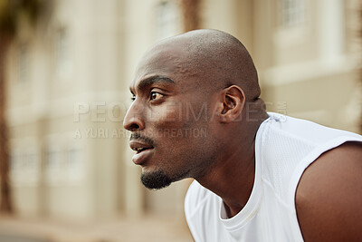 Buy stock photo Runner, fitness or tired black man running in cardio exercise, workout or sports training in city. Fatigue, face or focused healthy African athlete breathing or thinking of target, vision or goals 