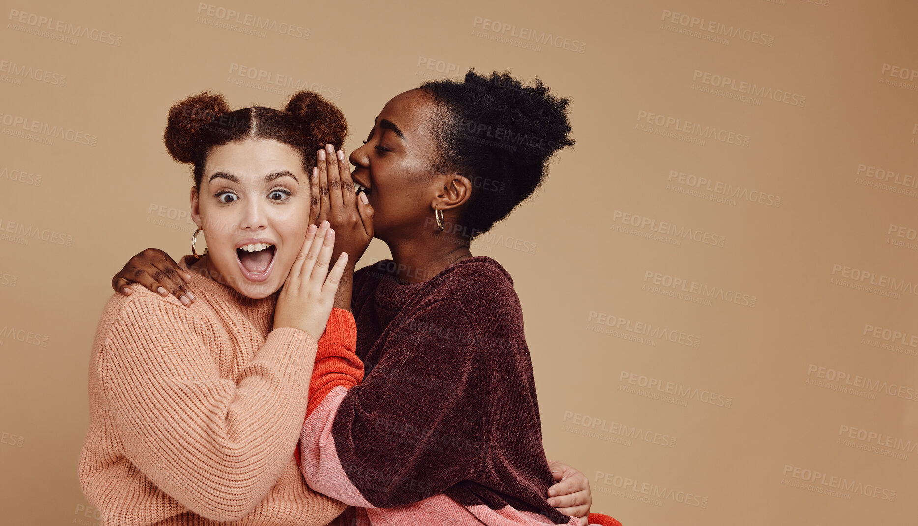 Buy stock photo Friends, gossip and women share secret on studio background and product placement mockup. Secrets, rumours and surprise whisper in ear, black woman with happy woman discuss discount sale announcement