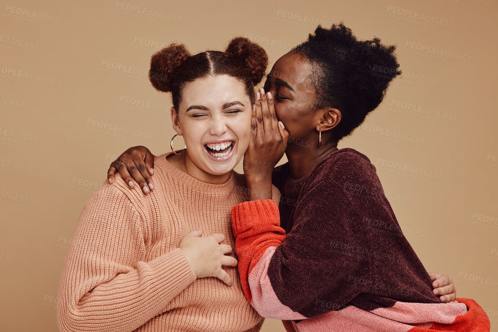 Buy stock photo Friends, gossip and women laughing at secret joke on studio background with smile on face. Secrets, rumor and whisper in ear, black woman with happy woman discuss funny announcement for advertisement