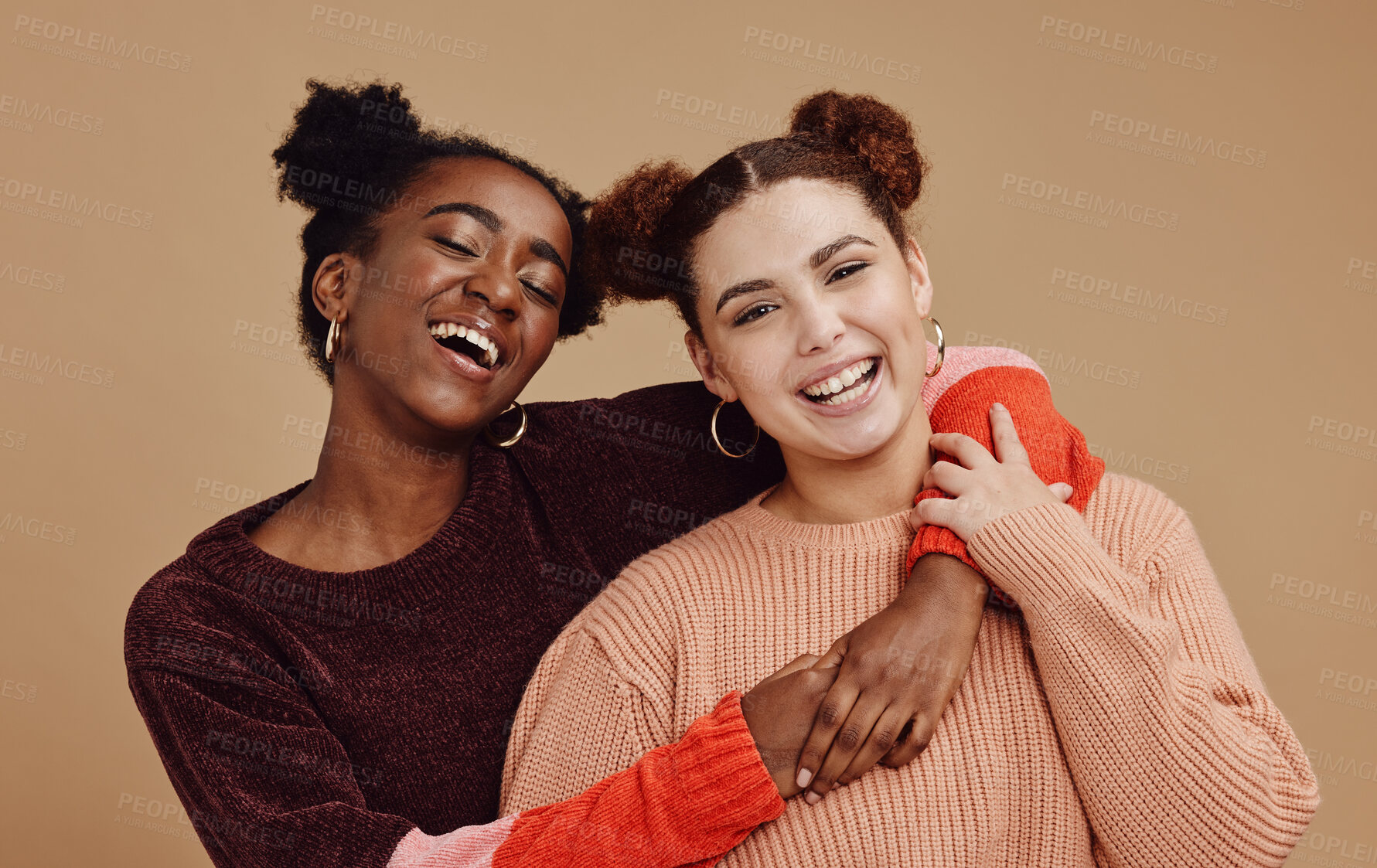 Buy stock photo Young, hug and friends or lesbian women, happy with fashion and marketing, love and fun together against studio background. Lgbtq community, funny and freedom with style and lgbt couple with pride