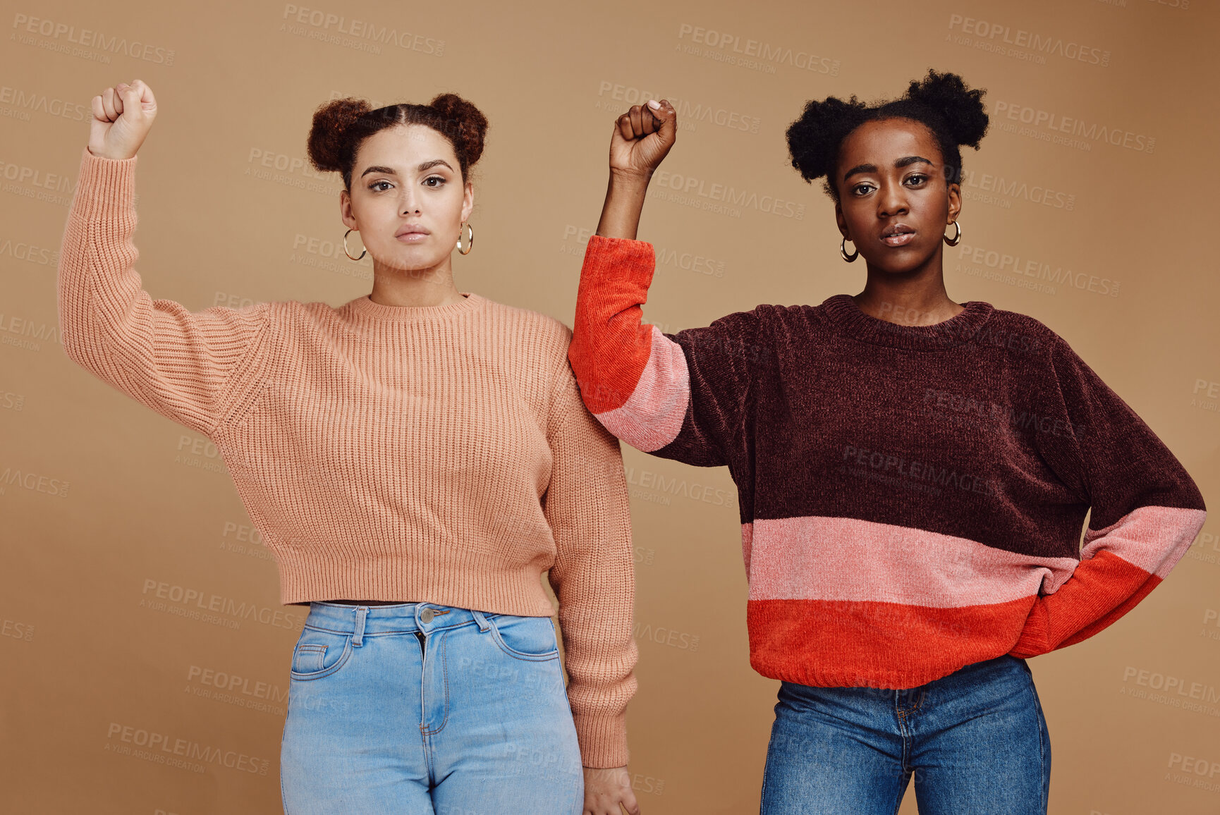 Buy stock photo Portrait, women and fist for protest, solidarity and support for equality, girl power and human rights. Young females, girls or fighting for justice, motivation for activism or empowerment for change