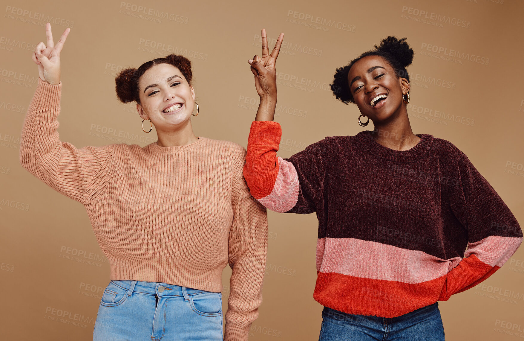 Buy stock photo Diversity, peace sign and women friends in studio with hand gesture, smile and happiness on brown background. Fashion, cosmetics and black woman with girl for relax, lifestyle and happy together