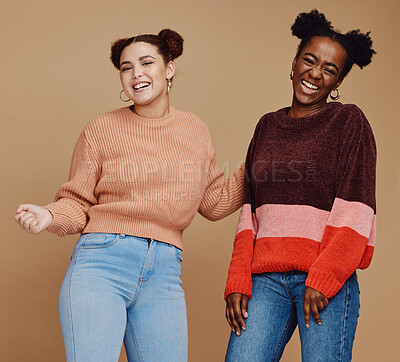 Buy stock photo Fashion, friends and dancing with teen girl, young and trendy with gen z style, fun and freedom against studio background. Laugh, funny and dance with stylish youth, happy with energy and marketing