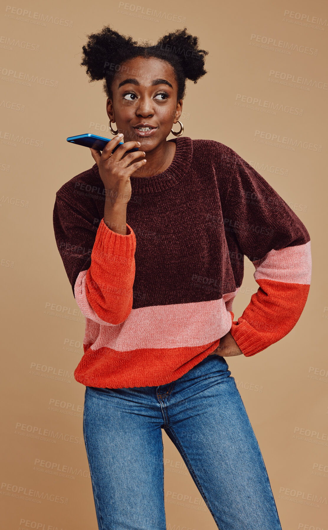 Buy stock photo Black woman with phone call, smartphone on speaker with communication and gen z youth, technology and 5g network marketing. Internet, talking on mobile with young girl against studio background