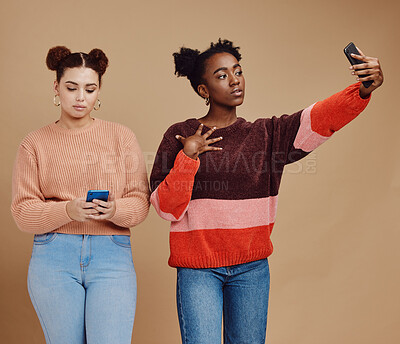 Buy stock photo Selfie, trendy friends or women isolated on studio background for social media, profile picture and phone. Smartphone, gen z and beautiful black woman, people or influencer person on networking app