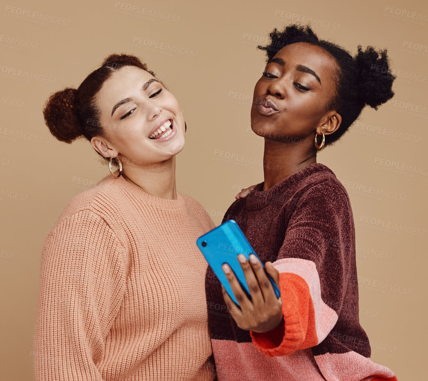 Buy stock photo Selfie, friends and women with smartphone, social media and connection on brown studio background. Females, girls and cellphone to share photos, posting and bonding together casual, trendy and smile