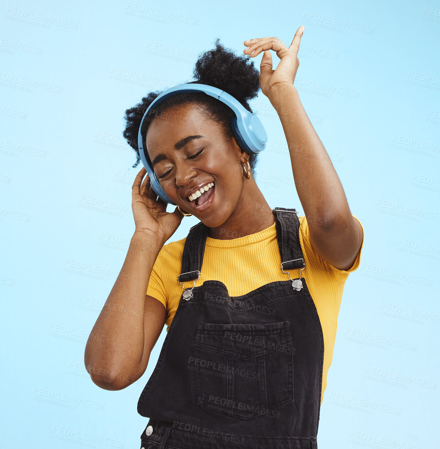 Buy stock photo Music, dance and freedom with black woman and headphones, singing for relax, celebration and streaming. Audio, smile and technology with girl listening to online radio for playlist, energy and happy