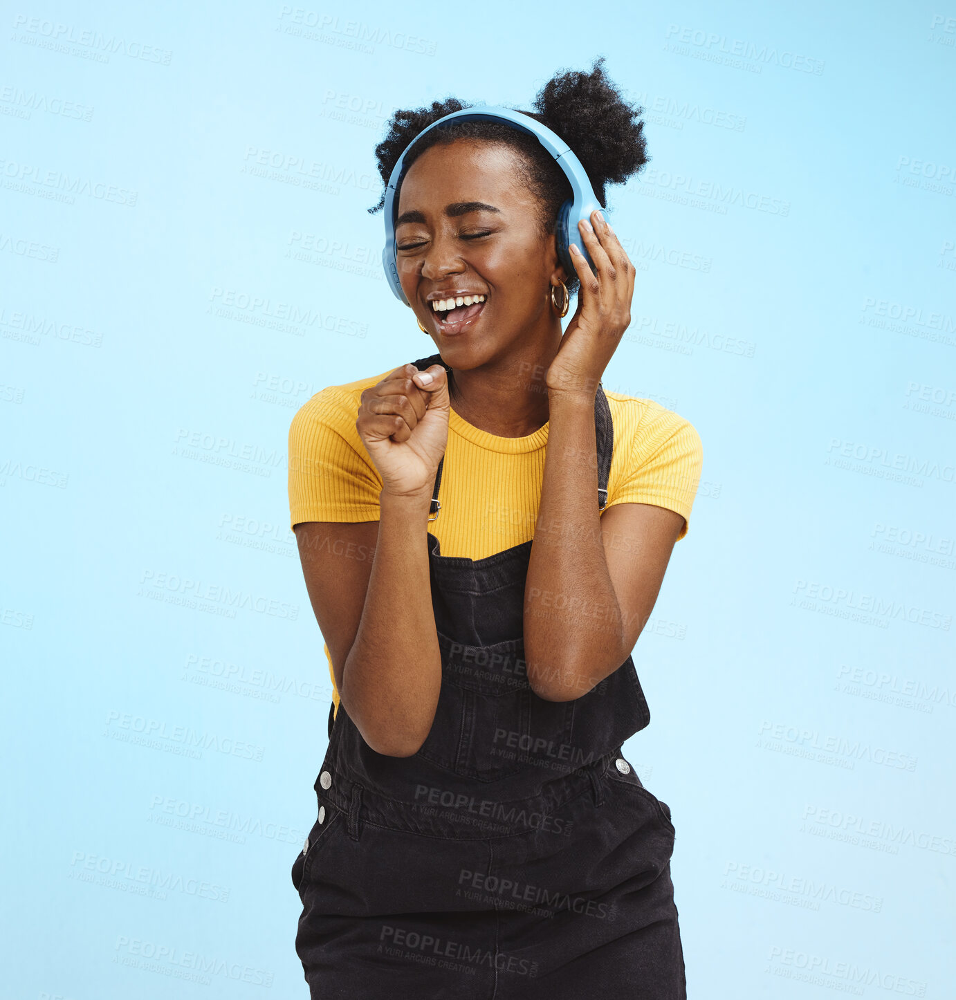 Buy stock photo Music, dance and freedom with black woman and headphones, singing for relax, celebration and streaming. Audio, smile and technology with girl listening to online radio for playlist, energy and happy