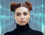 Portrait, futuristic and woman with holographic, ai and innovation for digital connection, technology or intelligence. Robotics, female or girl with science, scifi metaverse or cyberspace development