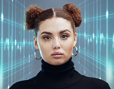 Buy stock photo Portrait, futuristic and woman with holographic, ai and innovation for digital connection, technology or intelligence. Robotics, female or girl with science, scifi metaverse or cyberspace development