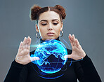 Globe hologram, futuristic tech and woman, technology innovation with future, ai and cyberspace against studio background. World, network and digital with metaverse and young girl face, 3d and matrix