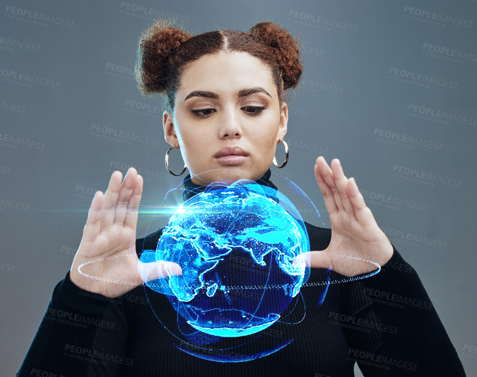 Buy stock photo Globe hologram, futuristic tech and woman, technology innovation with future, ai and cyberspace against studio background. World, network and digital with metaverse and young girl face, 3d and matrix