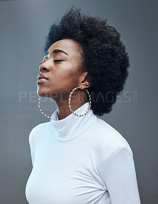 Buy stock photo Calm, relax and black woman with peace and a positive mindset in a studio for mindfulness and balance. Relaxing, breathe and African female model with mental wellness isolated by a gray background.