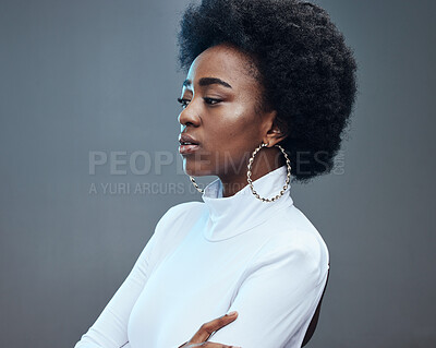 Buy stock photo Stress, thinking and black woman with mental health, anxiety and focus on studio background. African American female, girl with fear and depression for financial crisis, idea and problems on backdrop