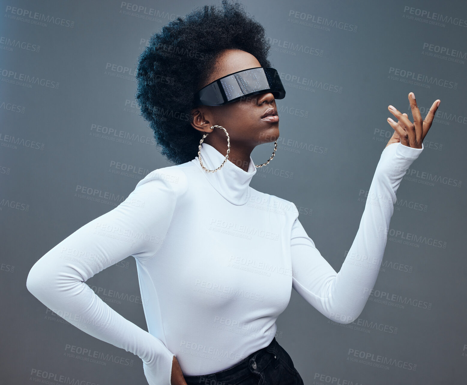 Buy stock photo Fashion, futuristic and black woman with sunglasses, cyberpunk and against a studio background. African American female, lady and gen z youth with beauty, designer glasses and marketing with vision 