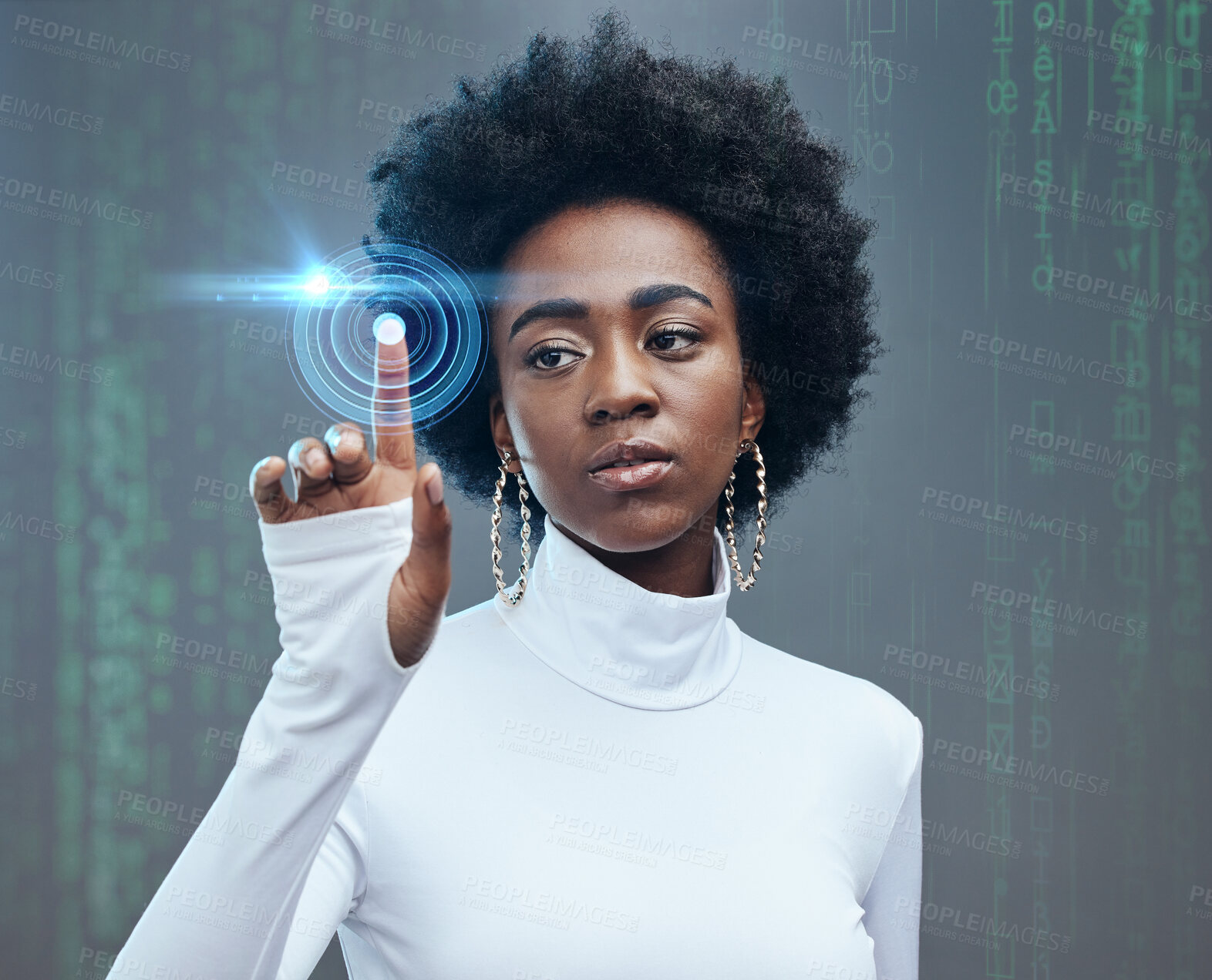 Buy stock photo Futuristic, hologram and black woman with technology in a studio for digital tech innovation. Future, modern and young African girl model with 3d graphic metaverse overlay isolated by gray background