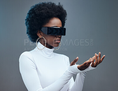 Futuristic sunglasses, fashion and black woman, gen z youth and stylish with  trendy designer brand against studio background. Young model, cyberpunk and  natural curly hair with beauty and edgy style | Buy