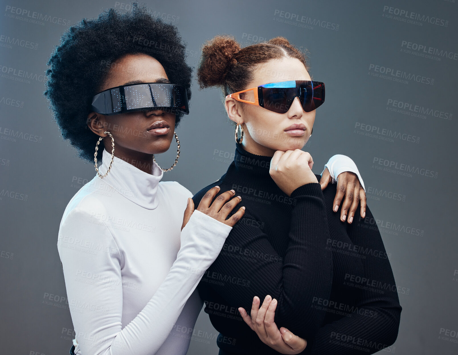 Buy stock photo Fashion, futuristic and cyberpunk with women in sunglasses, young and trendy designer brand with gen z youth. Marketing, diversity and future style with vision and edgy against studio background