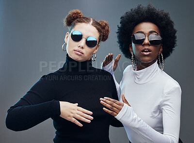 Buy stock photo Fashion, women with sunglasses and futuristic with robotics, cyberpunk and trendy. Future design, females or girls with eyewear, gen z and marketing for tech development, fantasy or studio background