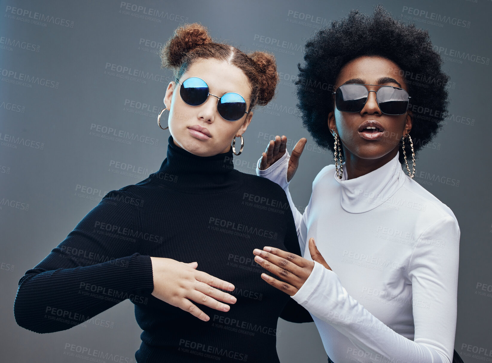 Buy stock photo Fashion, women with sunglasses and futuristic with robotics, cyberpunk and trendy. Future design, females or girls with eyewear, gen z and marketing for tech development, fantasy or studio background