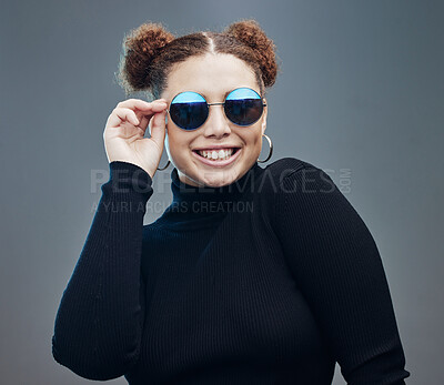 Buy stock photo Fashion, smile and woman with sunglasses for beauty cosmetics, makeup and luxury style in studio. Aesthetic, designer brand and confident girl with stylish accessories, trendy and edgy jewellery