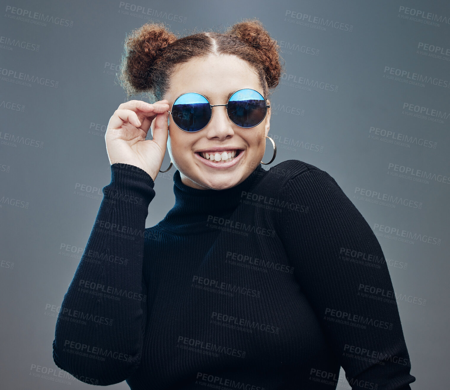 Buy stock photo Fashion, smile and woman with sunglasses for beauty cosmetics, makeup and luxury style in studio. Aesthetic, designer brand and confident girl with stylish accessories, trendy and edgy jewellery