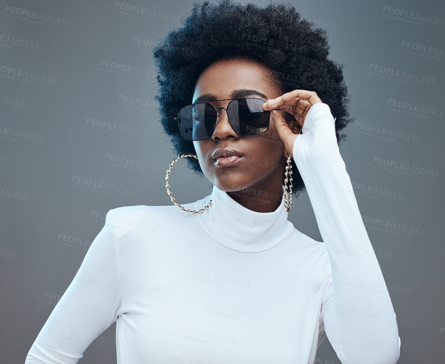 Buy stock photo Sunglasses, fashion and young black woman with gen z style and designer with trendy brand against studio background. Afro hair, edgy and girl, marketing with fashion model and stylish beauty