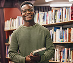Black man, student and portrait in library for book, research and education at college with smile. African gen z learner, books and shelf at university for goals, learning and motivation for future