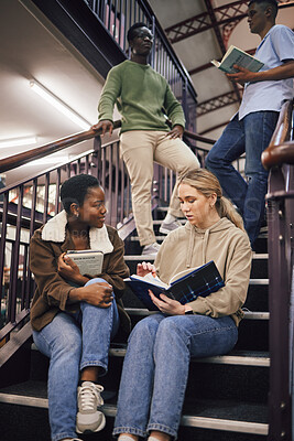 Buy stock photo College student group, stairs and reading for study, research and discussion for exam, test or education. Students team, diversity and books for success, goals and focus at university with teamwork