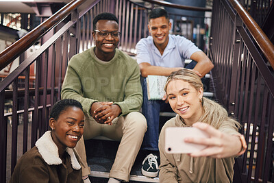 Buy stock photo College student group, selfie and stairs with smile together, studying and research for exam, test or education. Happy students, diversity and smartphone for success, goals and friends at university