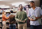 Education, students or friends in library at university, college or school learning, talking or studying. Studying, scholarship or young men with books for knowledge growth or future development