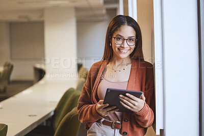 Buy stock photo Face, student and woman with tablet in classroom for knowledge research. Portrait, university and happy female from Brazil holding touchscreen for learning, studying and education in lecture room.