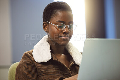 Buy stock photo Student, laptop or research in university education, school learning or college scholarship goals in library classroom. Smile, happy or black woman on technology for studying degree or thesis writing