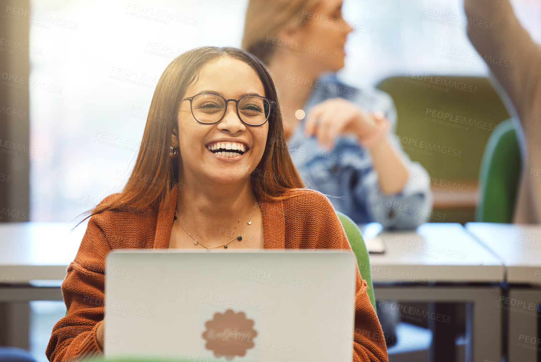 Buy stock photo Black woman, laptop and student smile in classroom for university education, learning and school environment happiness. African girl, happy laughing and studying with digital tech device for college