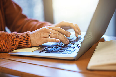 Buy stock photo Woman with hands, laptop and student typing, education and writing report or essay, studying for exam at university. Scholarship, college student zoom and proposal, keyboard with email and wifi